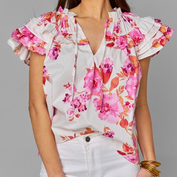 Buddy Love Tops - BuddyLove Carla Ruffle Eyelet Top - Mangrove women’s small pink floral (bin DD)